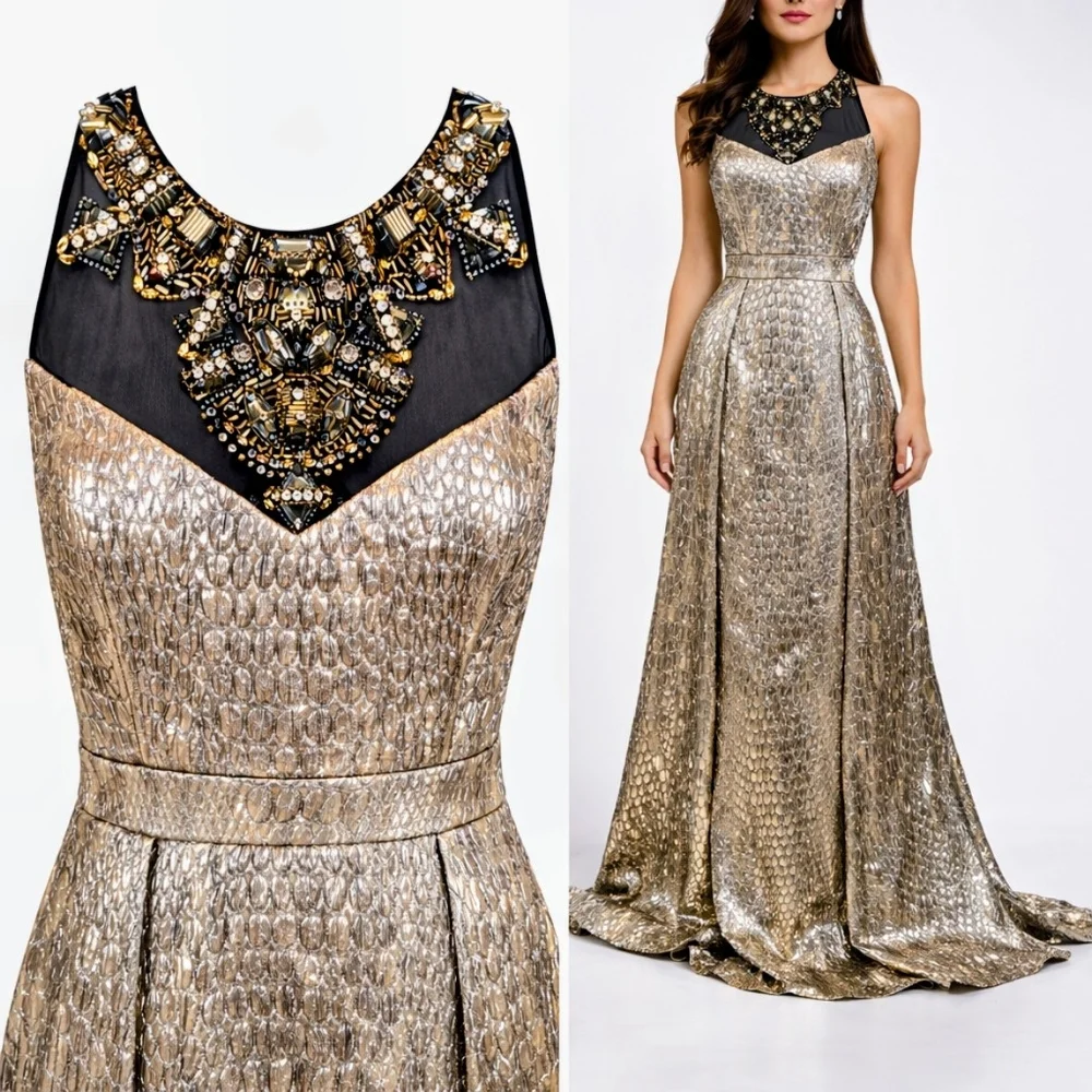 Badgley Mischka Gold Metallic Beaded Evening Gown Prom Dress 6 MSRP $1850 NWT - Picture 2 of 12